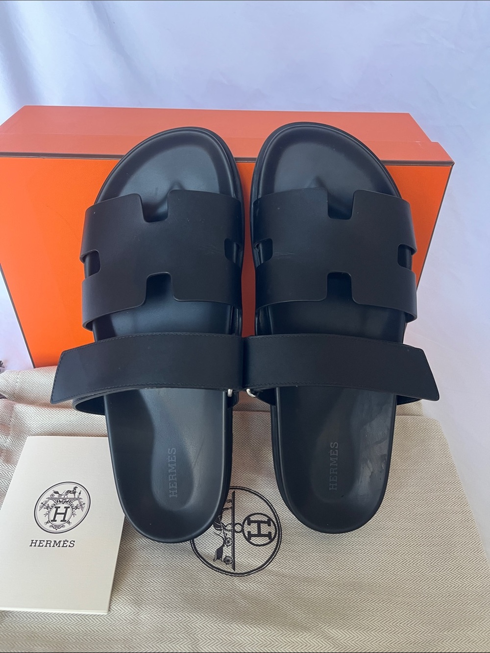 HERMES Men’s Chypre Sandals Black Leather 43 US 10